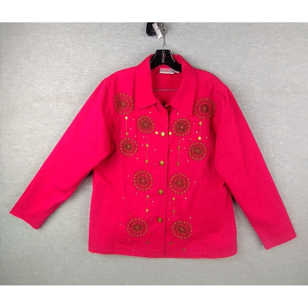 Quacker‎ Factory Womens Jacket M Red Denim Button Up Beaded Embroidered Floral